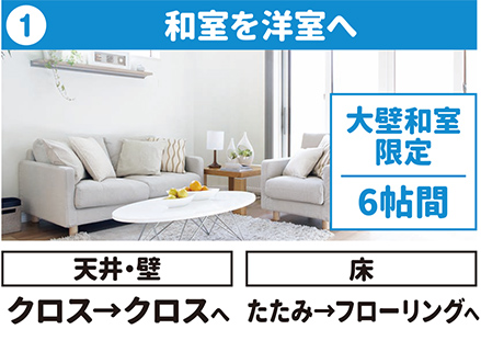 ①和室を洋室へ 天井・壁：クロス→クロスへ 床：たたみ→フローリングへ