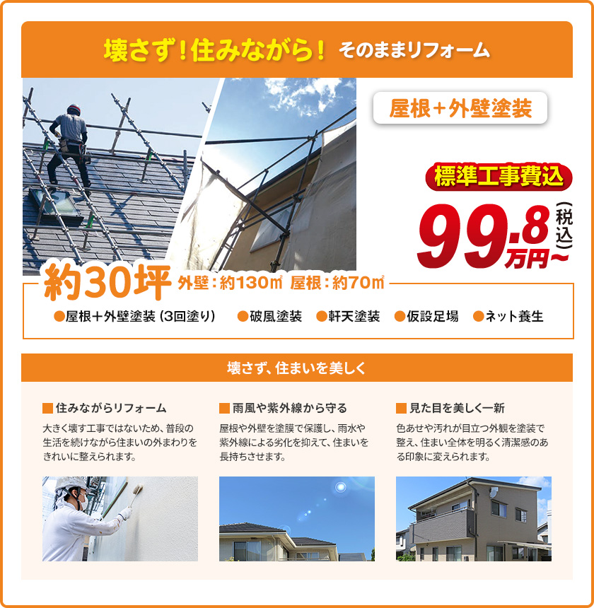 壊さず！住みながら！そのままリフォーム 屋根+外壁塗装 標準工事費込